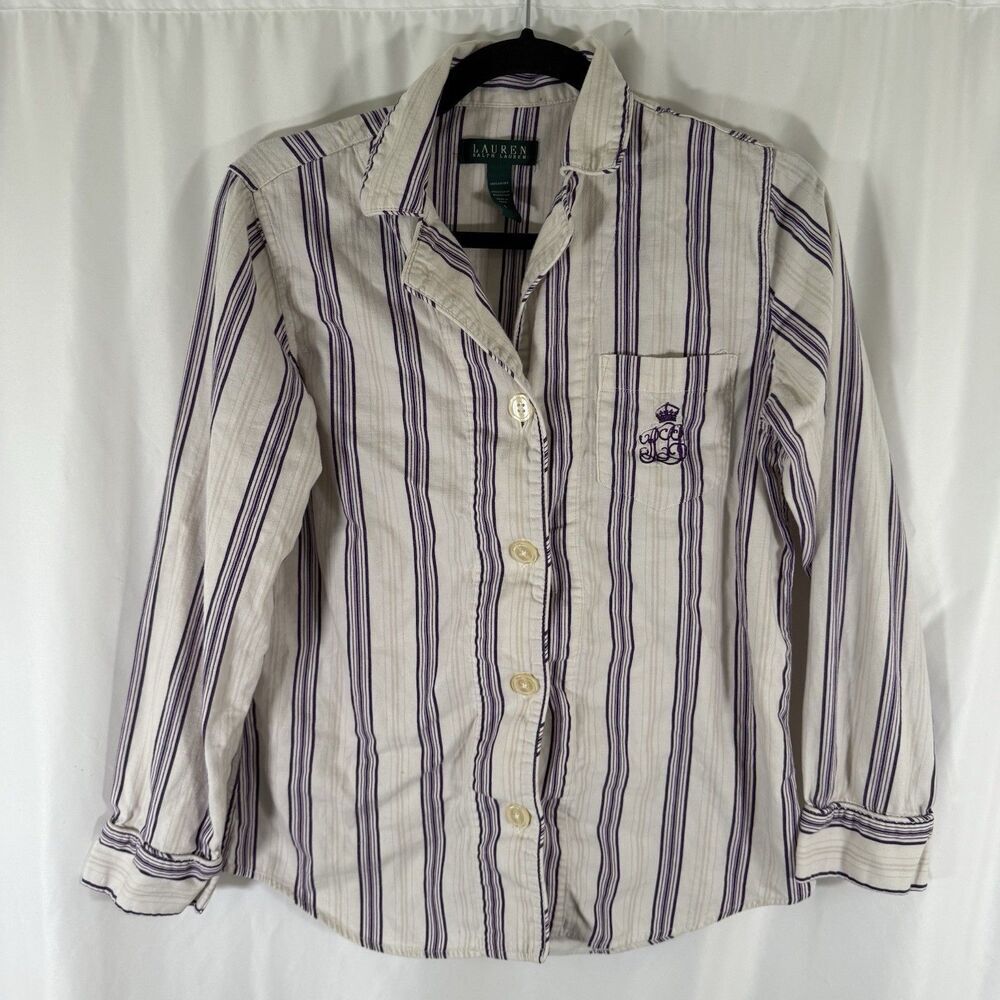 Lauren Ralph Lauren Pajama Top Women's Small White Purple Striped Embroidered